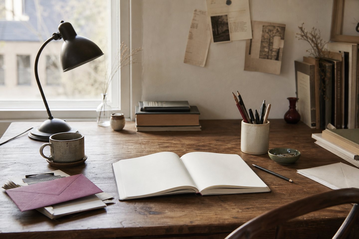 A simple editorial desk with paper and pen