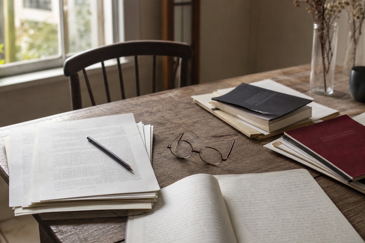 Six literary works arranged on a reading table