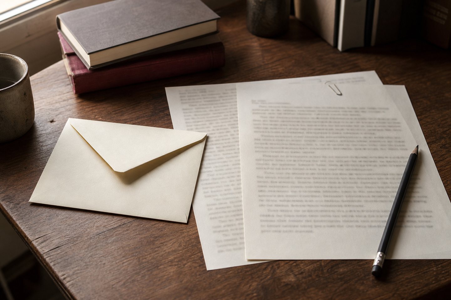 An envelope and manuscript on a writing desk